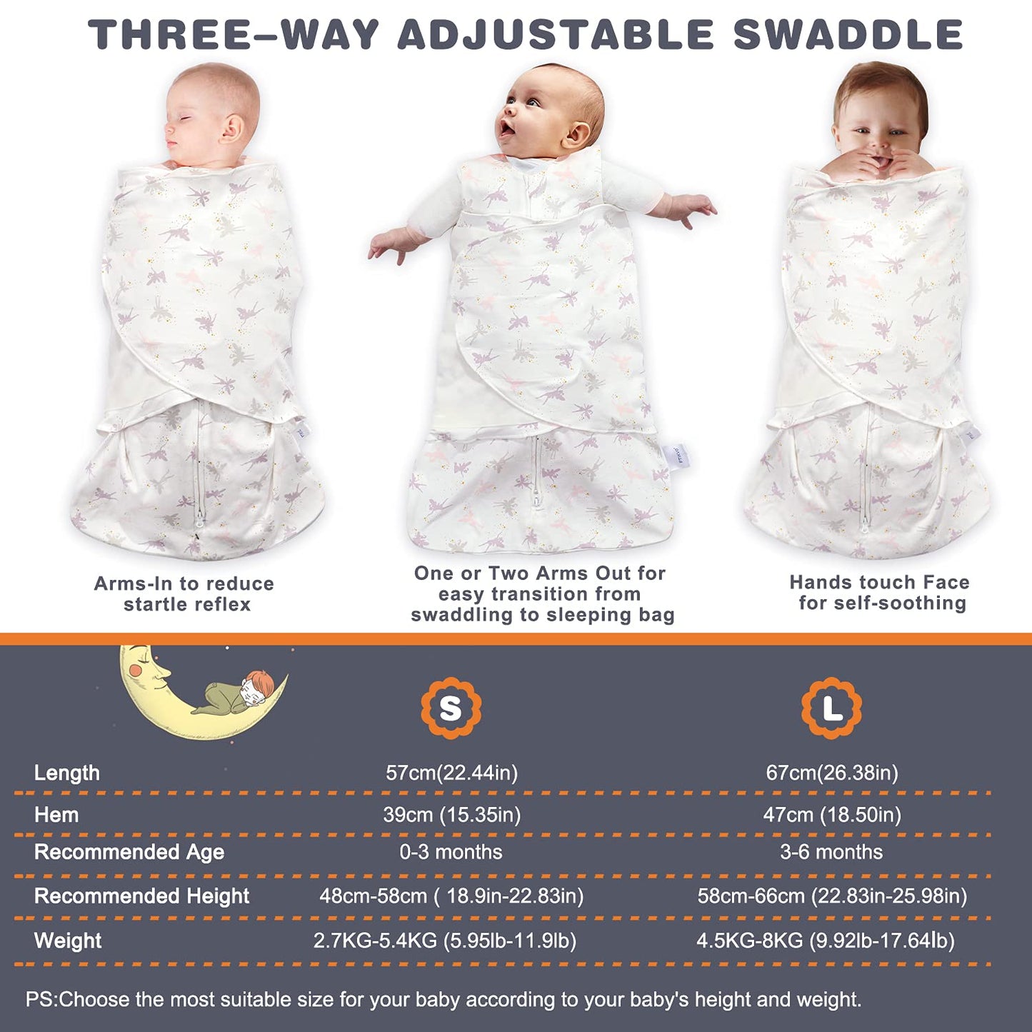 Swaddle-Blanket Baby Girl & Boy Swaddles Newborn Infant Transition 100% Cotton Wrap Blankets, 3-Way Adjustable Wearable Blanket, TOG 1.0 (Little Fairy, 3-6 Month)