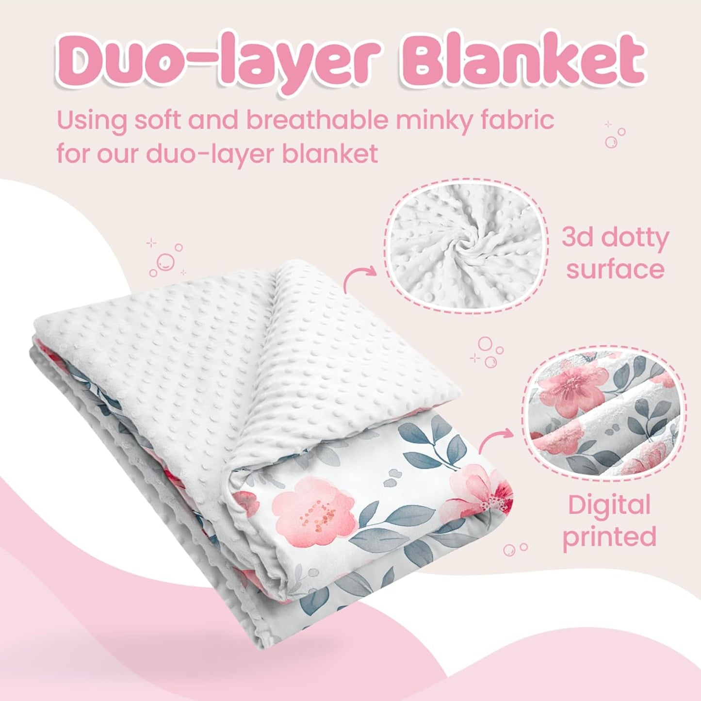 Floral Minky Baby Blanket 30 x 40 Inches for Boys Girls, Soft Plush Receiving Blanket with Dotted Back, Gift for Toddler Newborn Infant Christmas Birthday Baby Shower