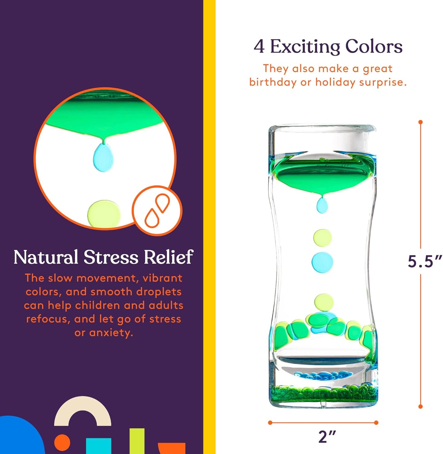 Special Supplies Liquid Motion Bubbler Toy (4-Pack) Colorful Hourglass Timer with Droplet Movement, Bedroom, Kitchen, Bathroom Sensory Play, Cool Home or Desk Decor