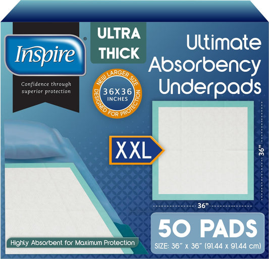 Inspire Extra Large Super Absorbent Disposable Bed Pads for Incontinence (36" X 36" Pack of 50) Ultra Thick and Absorbent Underpads Chux Adults, Puppies, Dogs Kids Furniture Protection