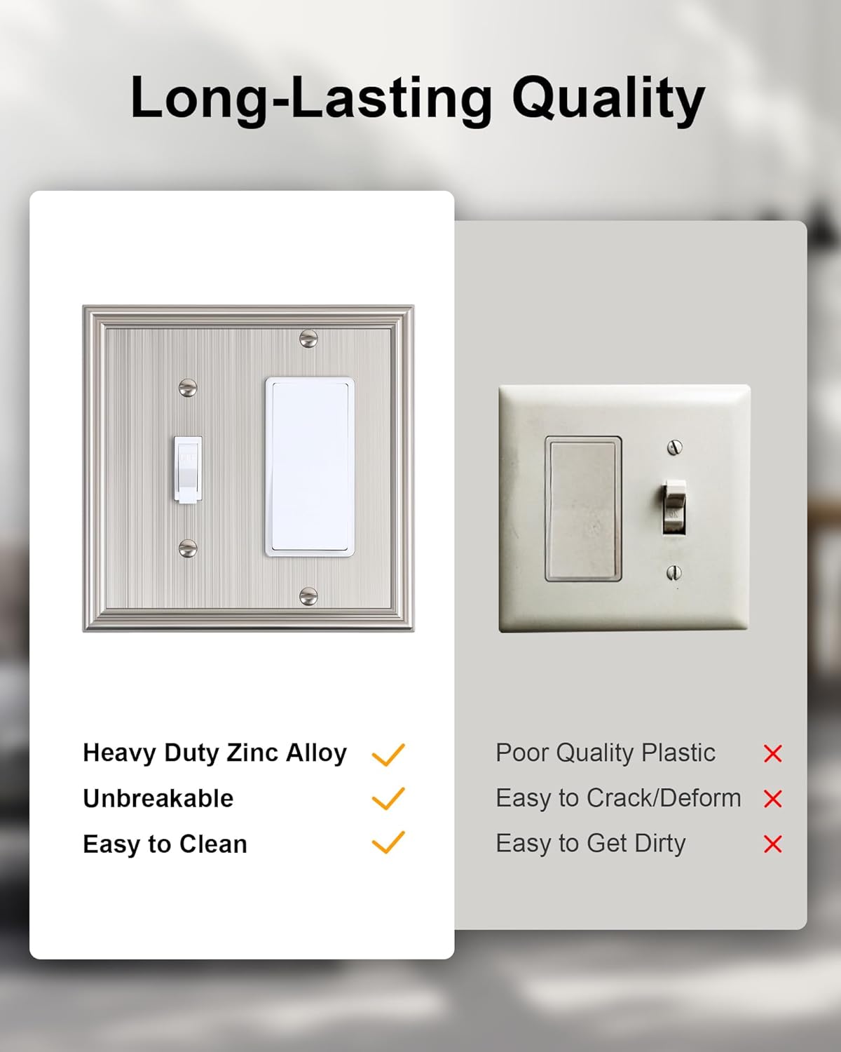 2-Pack Combo Toggle/Decorator Light Switch Cover Plate, Brushed Nickel Decorative Electrical Outlet Covers, Durable Solid Zinc Alloy Wall Switch Plates and Outlet Covers