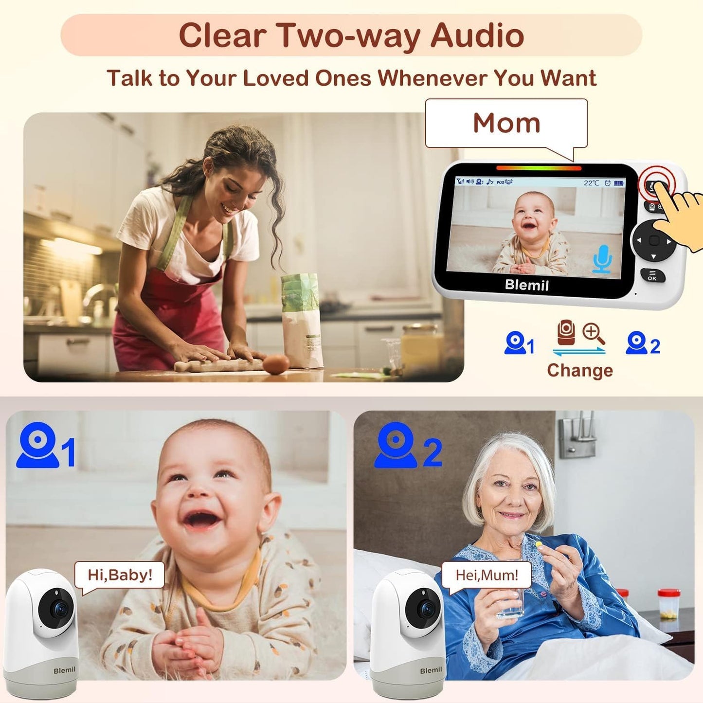 Upgrade Baby Monitor with 30-Hour Battery, 5" Large Split-Screen Video Baby Monitor with 2 Cameras and Audio, Remote Pan/Tilt/Zoom, Two-Way Talk, Room Temperature, Auto Night Vision