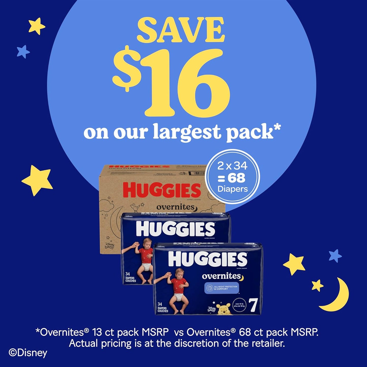 Huggies Size 7 Overnites Baby Diapers: Overnight Diapers, Size 7 (41+ lbs), 68 Ct (2 Packs of 34), Packaging May Vary