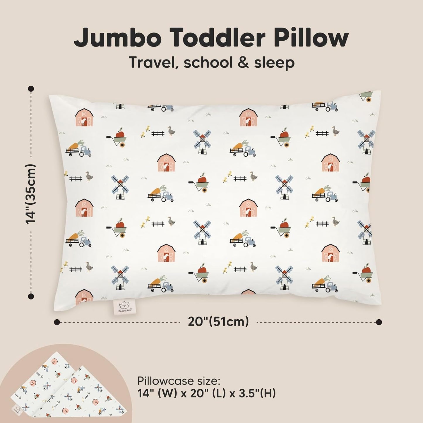 KeaBabies Toddler Pillow with Pillowcase, Jumbo 14X20 - Soft Organic Cotton Toddler Pillows for Sleeping - Machine Washable - Perfect for Travel, Toddler Bed Set (Barn)