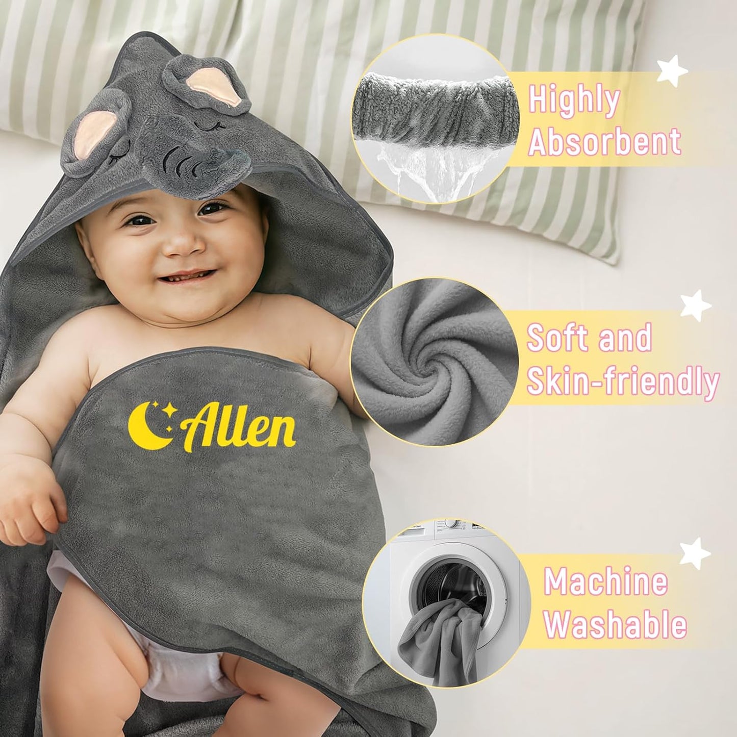 Personalized Baby Towels Hooded with Name, Custom Toddler Bath Towel with Hood for Girl Boy, Warm Swaddle Blanket, Customized Newborn Gifts - Printed (Grey Elephant)