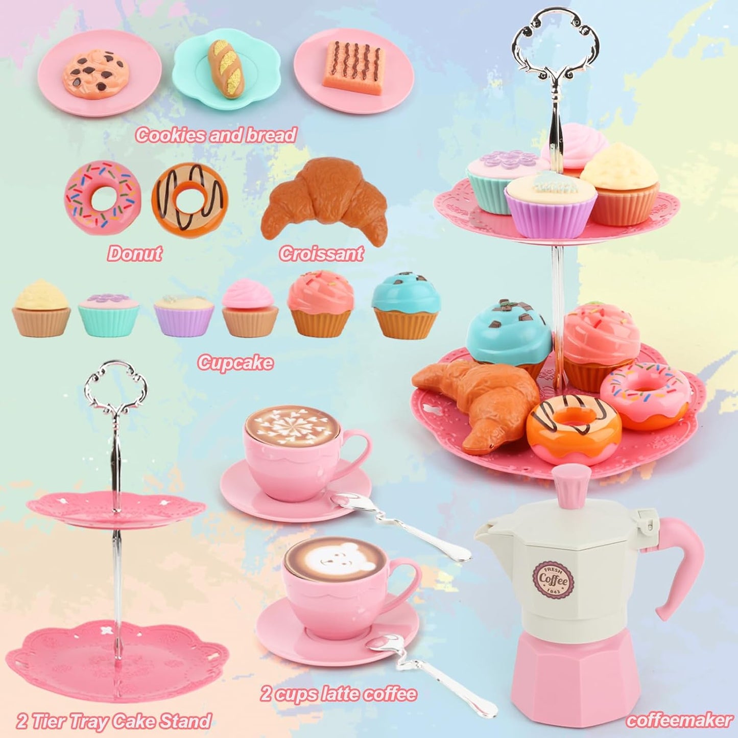Afternoon Tea Toys Set Pretend Play Food Toys for Toddler Girls, Party Tea Playset Toy Gifts for 3 4 5 6 Year Old Girl Boy Kids Toddlers