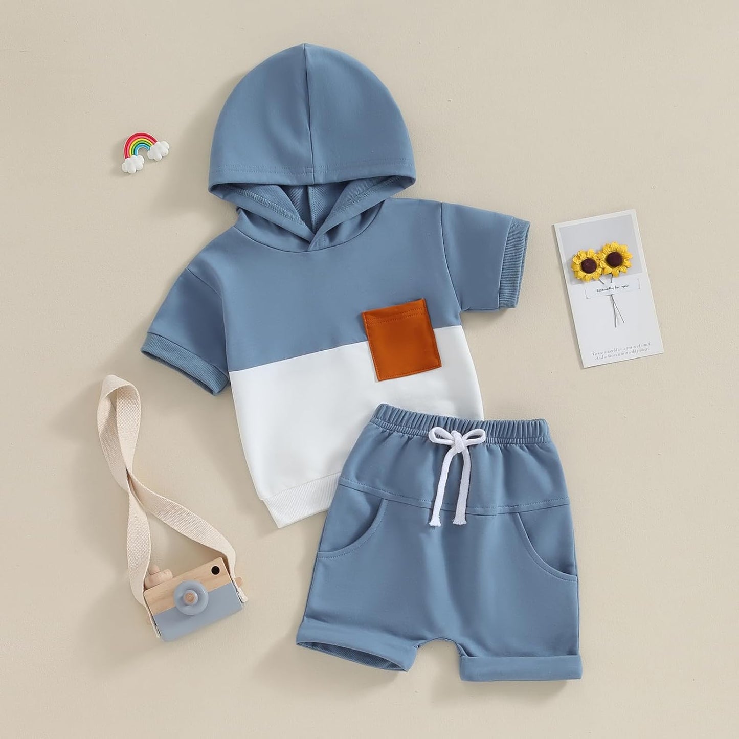 Toddler Baby Boy Summer Hooded Outfit Contrast Color Short Sleeve T Shirt Top Elastic Shorts Summer Clothes Set