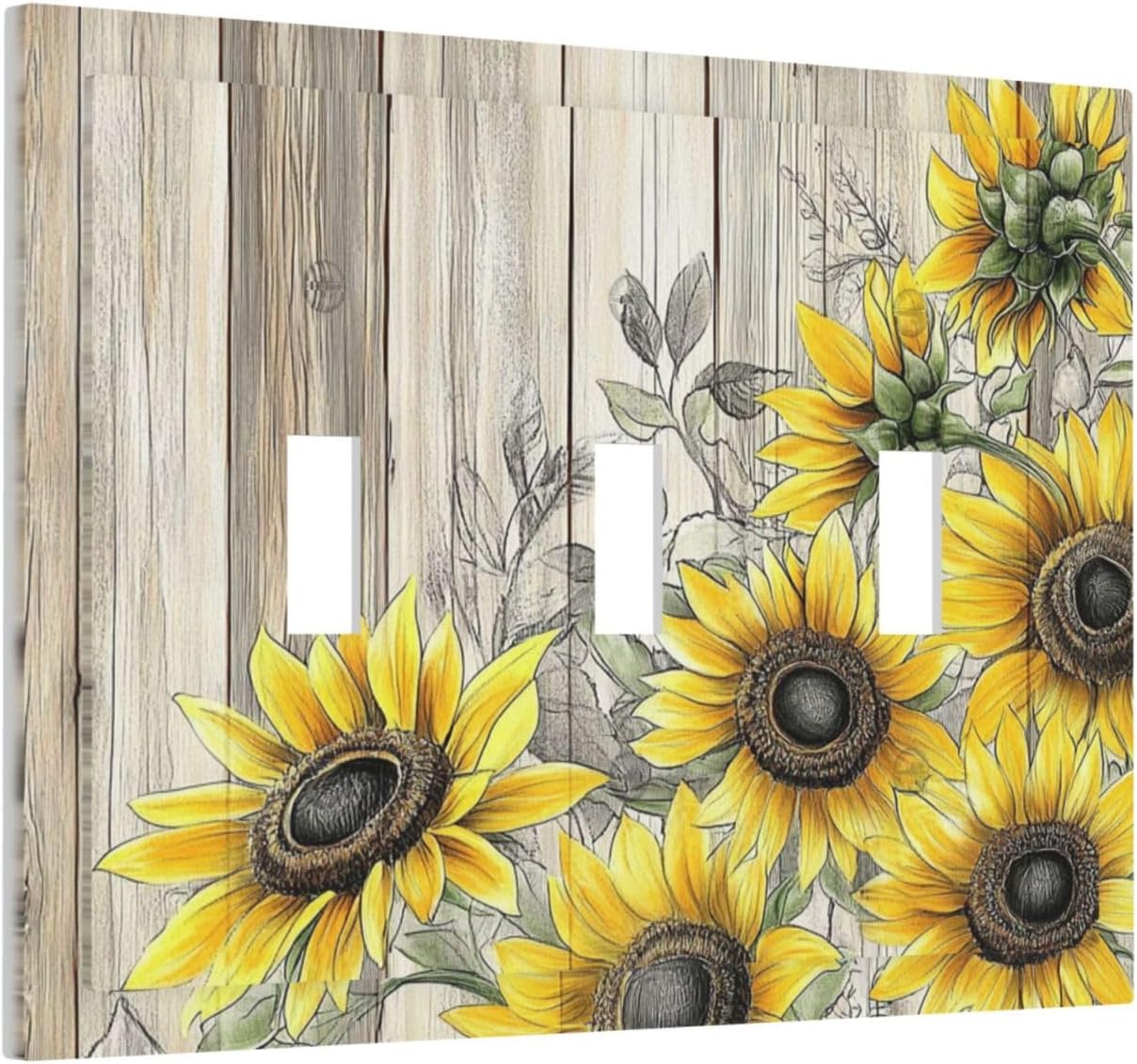 Decorative Switch Plates Floral Sunflower Rustic Flower Vintage Wood 3 Gang Wall Plate Triple Toggle Light Switch Cover Faceplate Electrical Wall Panels For Farmhouse Cabin Decor