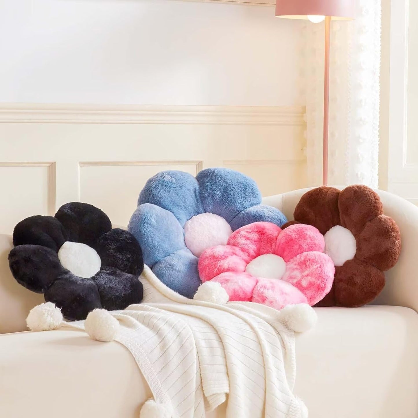 Brown Flower Pillow, Cute Decorative Flower Shaped Throw Pillow with Faux Rabbit Fur, 14.9" Soft Flower Plush Throw Pillow Floor Pillows Room Décor for Bedroom Living Room