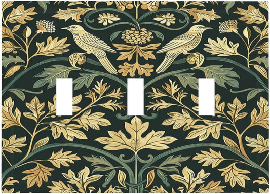 Decorative Switch Plates William Morris Vintage Botanical Birds Golden Green Leaves 3 Gang Wall Plate Triple Toggle Light Switch Cover Faceplate Electrical Wall Panels for Bedroom Home