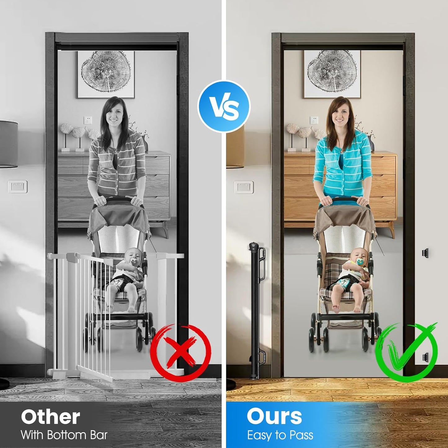 Retractable Safety Baby Gate or Mesh Dog Gate,Durable Portable Mesh Retractable Gate,Easy to Use for Stairs, Doorways, Hallways, Indoor, Outdoor, 33.5" Tall, Up to 65" Wide, Black