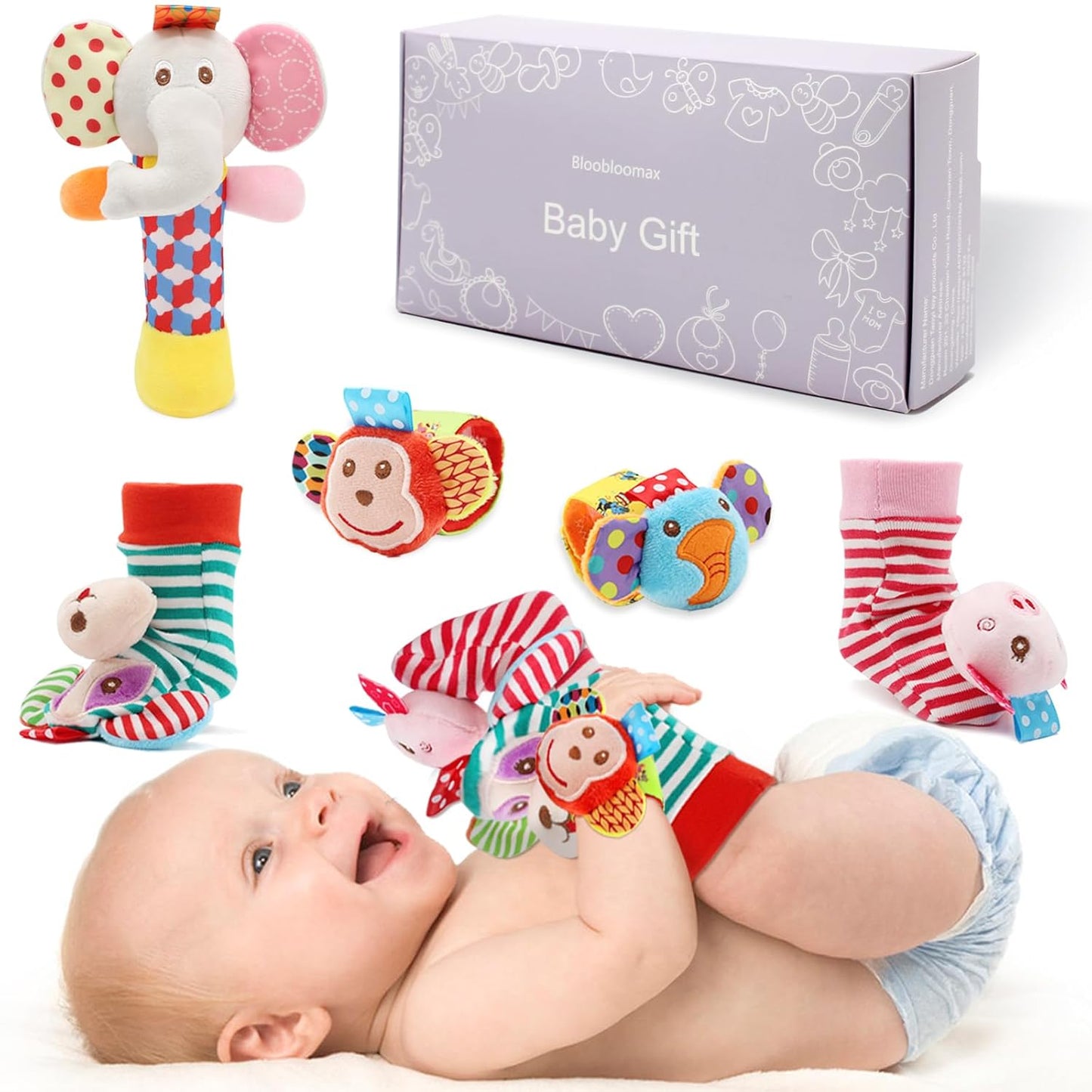 BLOOBLOOMAX Wrist Rattles Foot Finder Rattle Sock Baby Toy,Rattle Toy,Arm Hand Bracelet Rattle,Feet Leg Ankle Socks,Activity Rattle Present Gift for Newborn Infant Babies Boy Girl Bebe (5pcs-E)