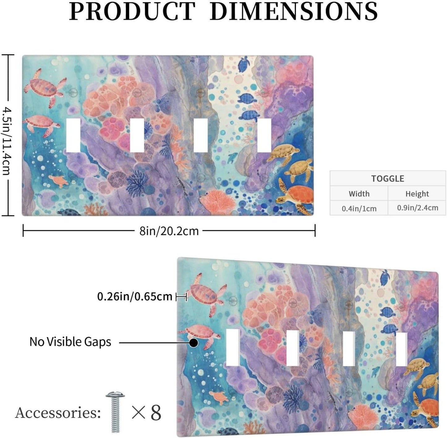 Turtle Coral Fish Watercolor Colorful Underwater World Light Switch Covers Quad Toggle Electrical Faceplate 4 Gang Wall Plate Decorative Switch Plates for Kids Room Home Decor