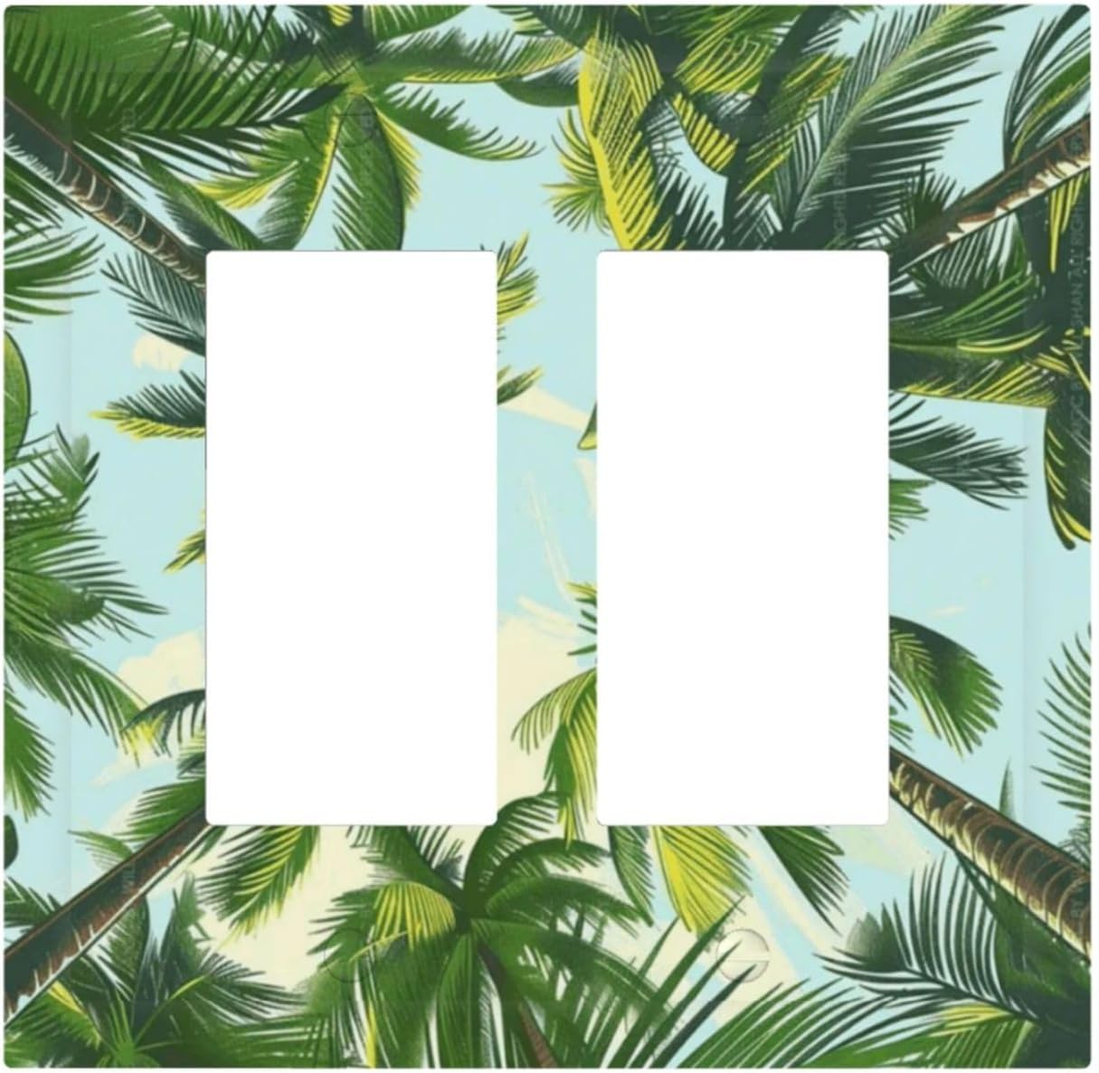 Summer Sky Coconut Palms Trees Green Plants Leaf Decorative Outlet Covers 2 Gang Double GFCI Rocker Electrical Wall Panels Light Switch Cover Plate for Bed Room Living Room Decor