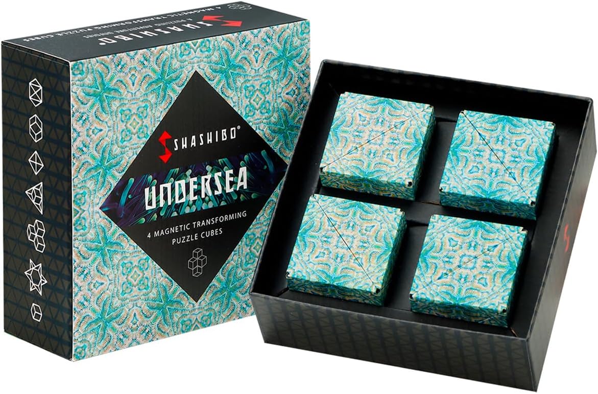 SHASHIBO Shape Shifting Box - Award-Winning, Patented Fidget Cube w/ 36 Rare Earth Magnets - Transforms Into Over 70 Shapes, Gift Box, Download Fun in Motion Toys Mobile App (Undersea, 4 pack)