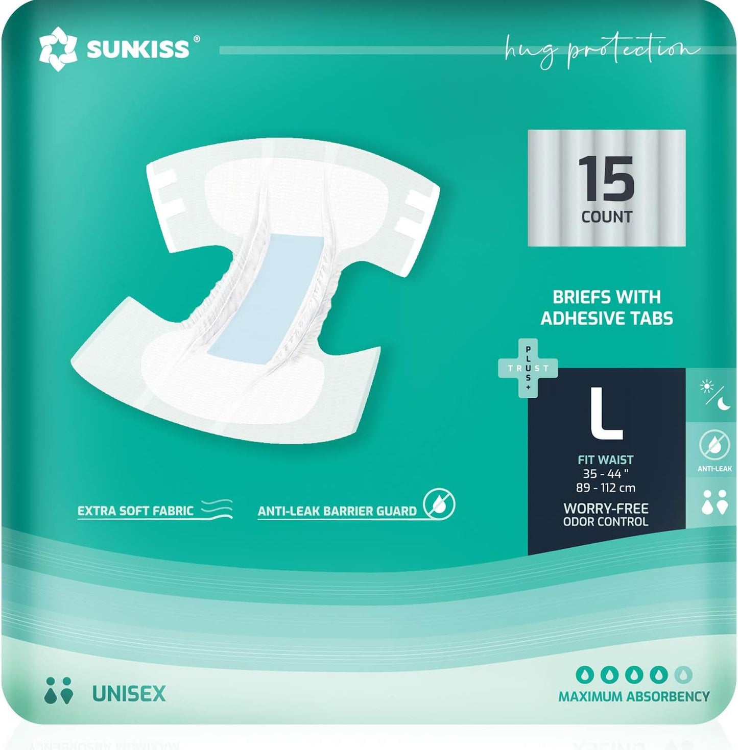 SUNKISS TrustPlus Adult Diapers with Maximum Absorbency, Disposable Incontinence Briefs with Tabs for Men and Women, Odor Control, Large, 15 Count