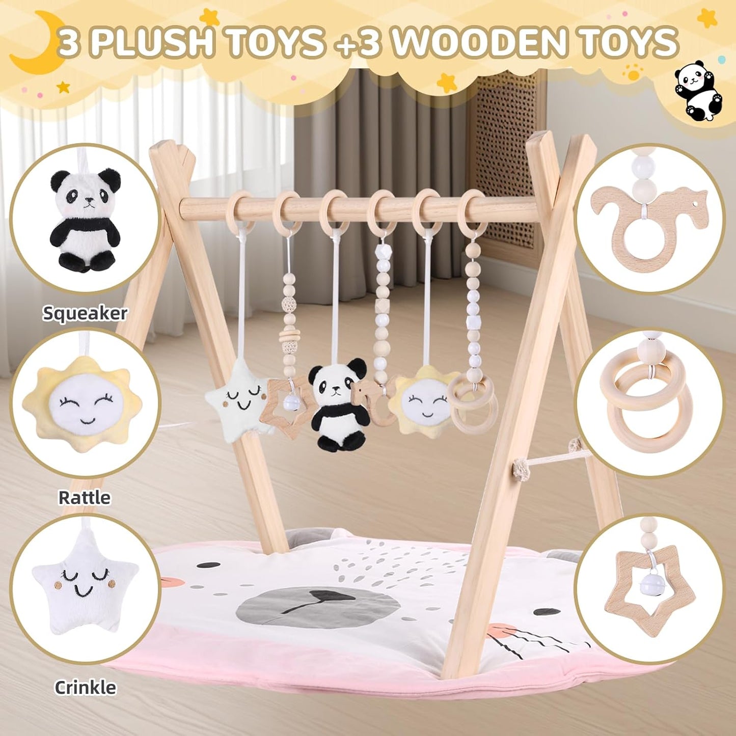 Wooden Play Gym with Mat, Foldable Baby Activity Gyms for Infants Newborn Baby Girl and Boy, Tummy Time Baby Infant Toys 0-6 6-12 Months (Rabbit)