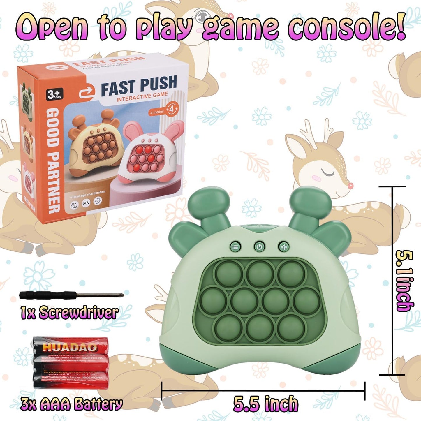 Fast Push Game, Deer Handheld Speed Push Bubble Game Console, Light up Pop Game Sensory Fidget Toys for Kids, Autism Sensory Toys, Birthday Easter Toy for Boys Girls Adults(Green)