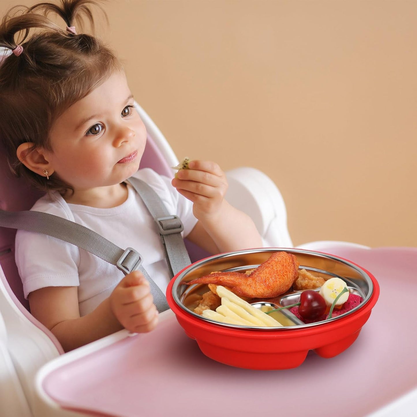 Nuogo 2 Pcs Stainless Steel Baby Suction Plates with Removable Silicone Shell 2-in-1 Metal Toddler Bowl Divided for Picky Eaters Kids Feeding Led Weaning Supplies, Dishwasher Safe (Orange,Red)