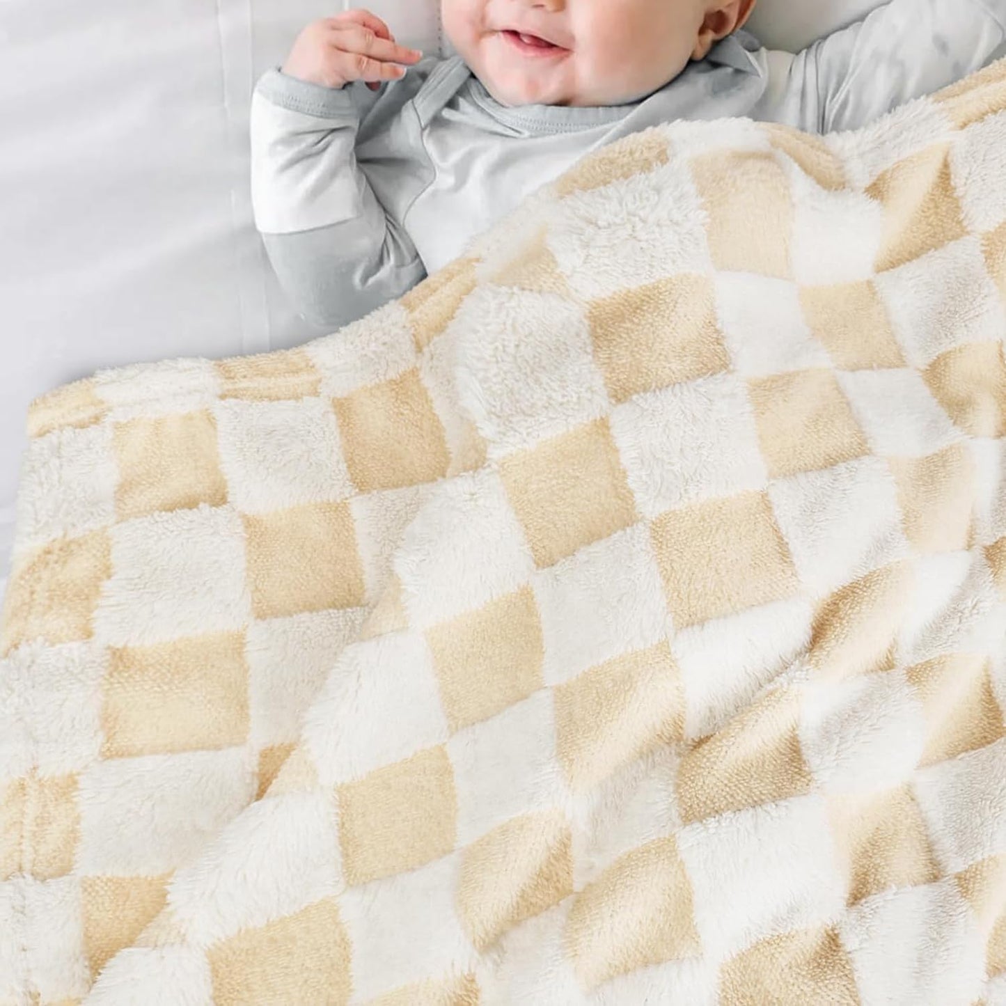 HOMRITAR Baby Blanket for Unisex Soft Cozy Reversible Checkerboard Toddler Blankets, Fluffy Fuzzy Plush Lightweight Bed Blanket with Chessboard Grid Design 350GSM Khaki 30 x 40 Inch