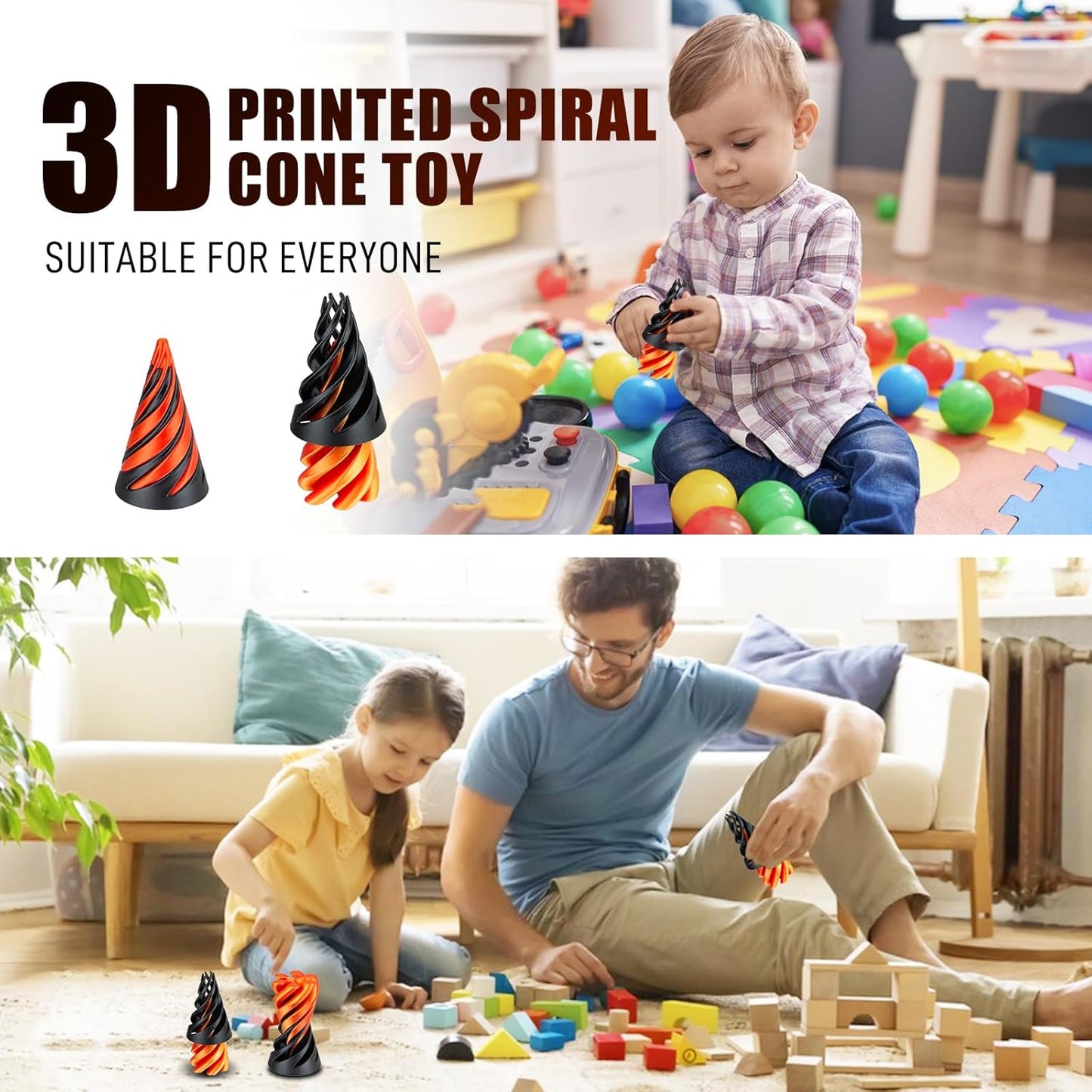 Impossible Pyramid Passthrough Sculpture 3D Printed Spiral Cone Toy Spiral Cone Fidget Toy Pass Through Pyramid Fidget Toy Stress Relief Desk Toy Pyramid Model Relax Anxiety Toy Children Adult Black