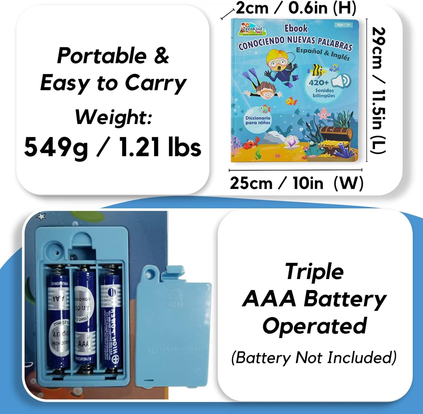 ZEENKIND Spanish & English Talking Learning Book for Kids 2 3 4 5 6 Years Old, 420 Words Toddler Educational Toys to Learn Spanish Interactive Audio Sound Books Bilingual Musical Toy Juegos para Niños