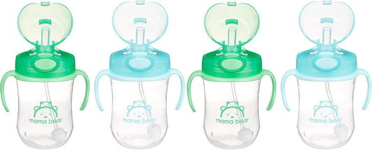 Amazon Brand - Mama Bear Silicone Weighted Straw Sippy Cup, 9 Ounces, Pack of 4, Blue/Green