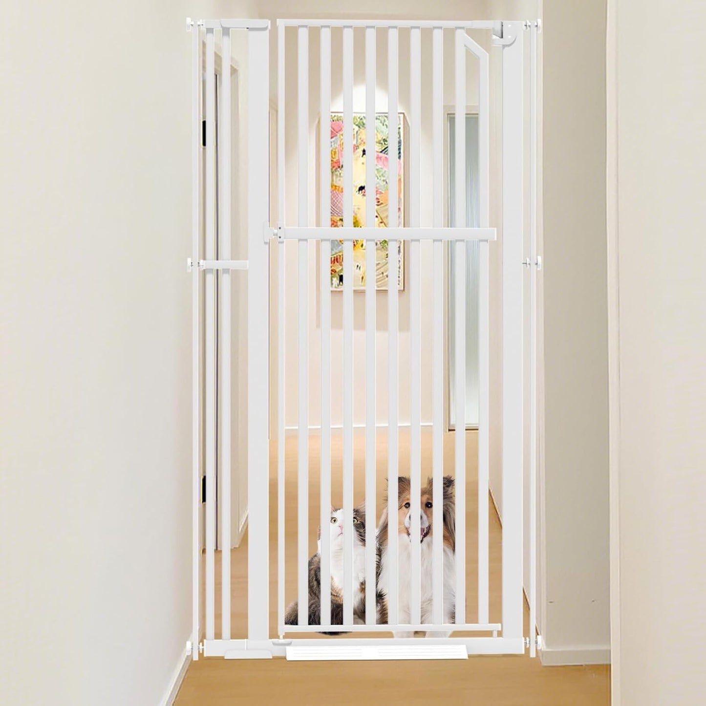 Glaf Extra Tall Pressure Mounted Pet Gate 63" With Cat Door - Adjustable Width 33.86-37.4" Metal Safety Gate for Dogs and Cats - Auto-Close for Doorways, Stairs, Kitchen, Hallway (White)