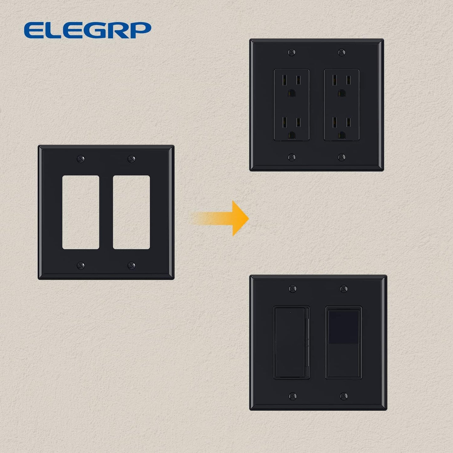 ELEGRP 2-Gang Decorative Wall Plates, Mid-Size 4.88" H x 4.94" L Unbreakable Thermoplastic Faceplate Cover for Decorator Receptacle Outlet Switch, UL Listed (10 Pack, Glossy Black)