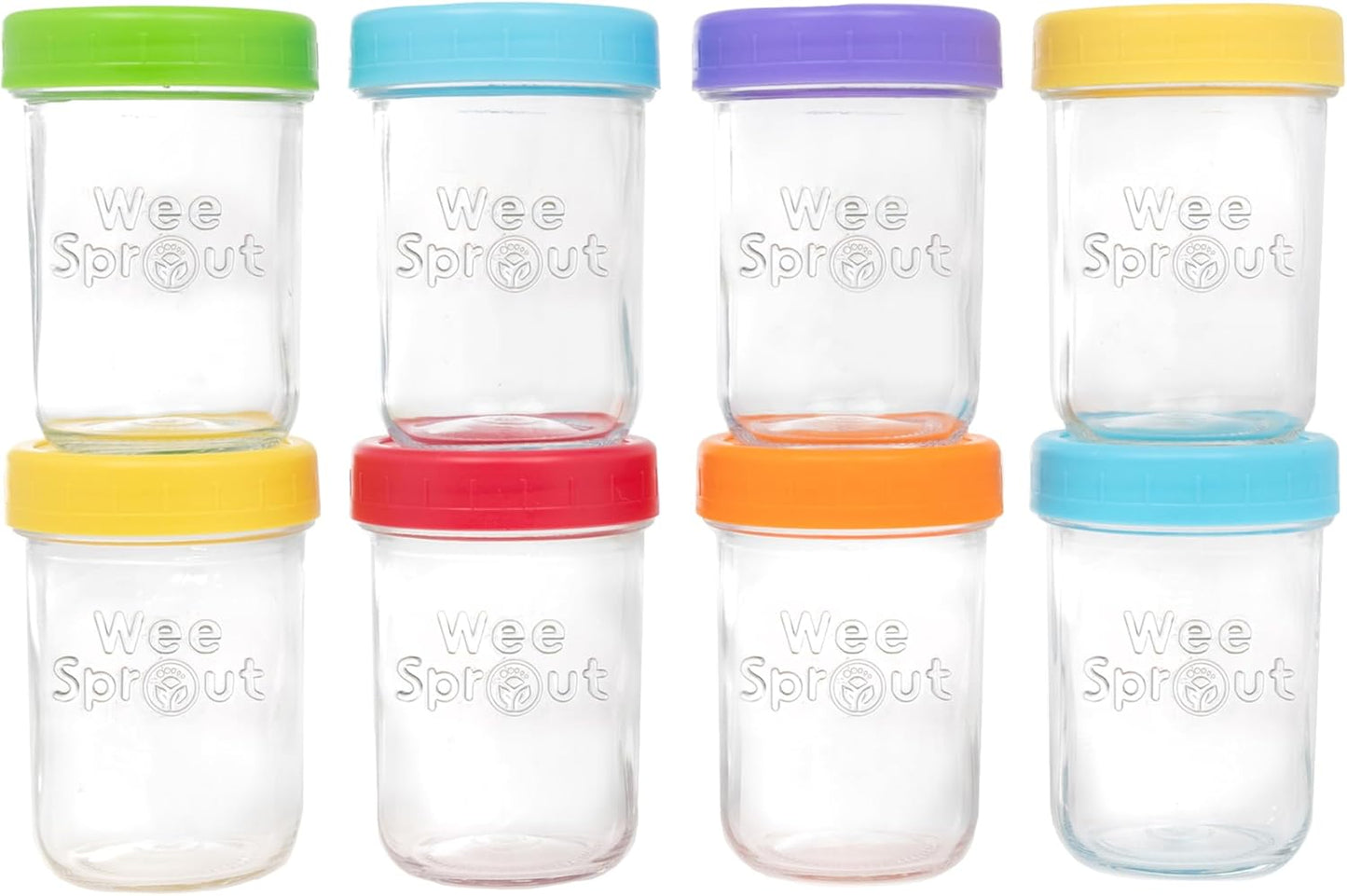 WeeSprout Glass Baby Food Storage Jars w/Lids (8 oz, 8 Pack Set) Snack, Puree, Reusable Small Containers, Breast Milk, Fridge or Freezer, Microwave & Dishwasher Safe, Essential Must Have for Infants