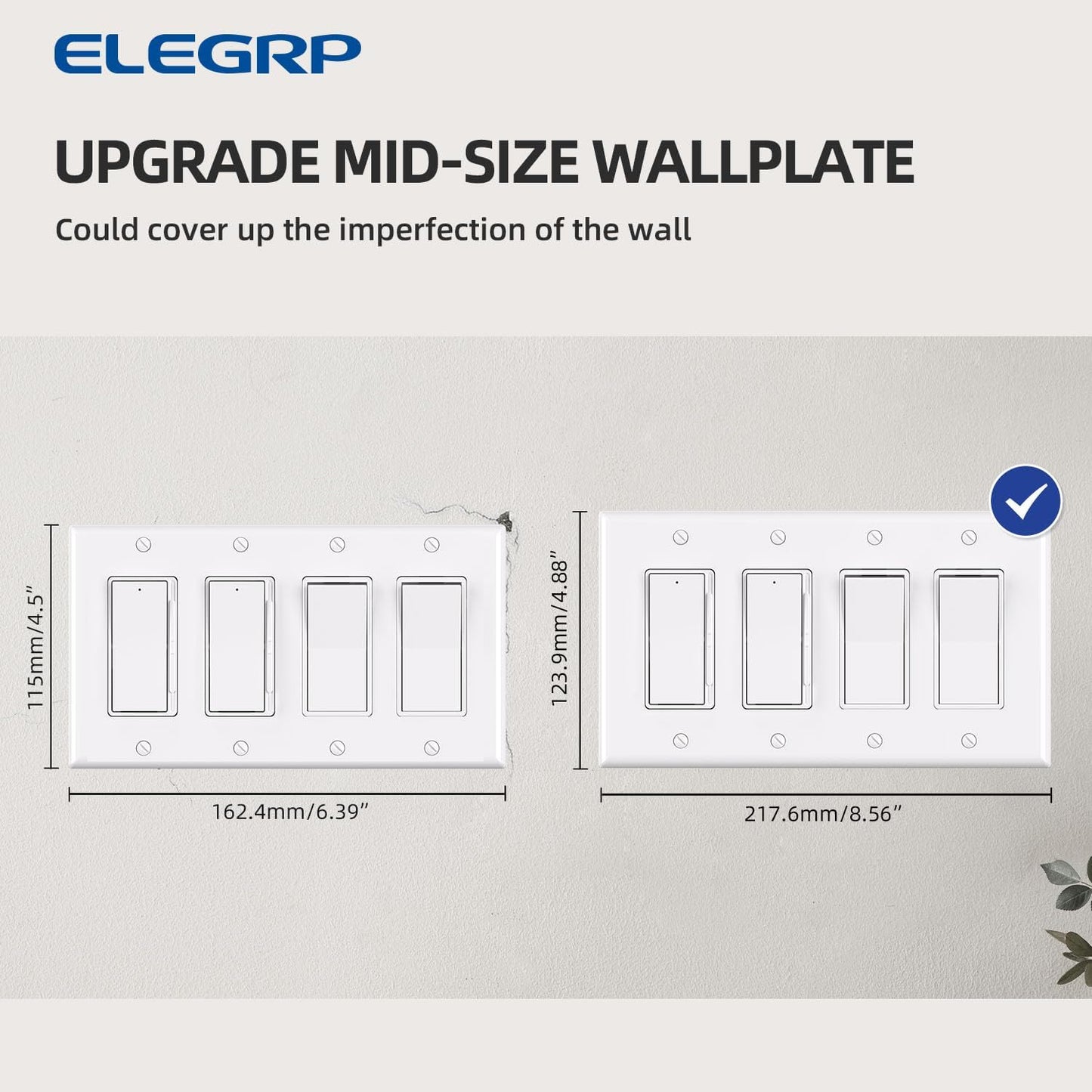 ELEGRP 4-Gang Decorative Wall Plates, Mid-Size 4.88" H x 8.57" L Unbreakable Thermoplastic Faceplate Cover for Decorator Receptacle Outlet Switch, UL Listed (2 Pack, Glossy White)