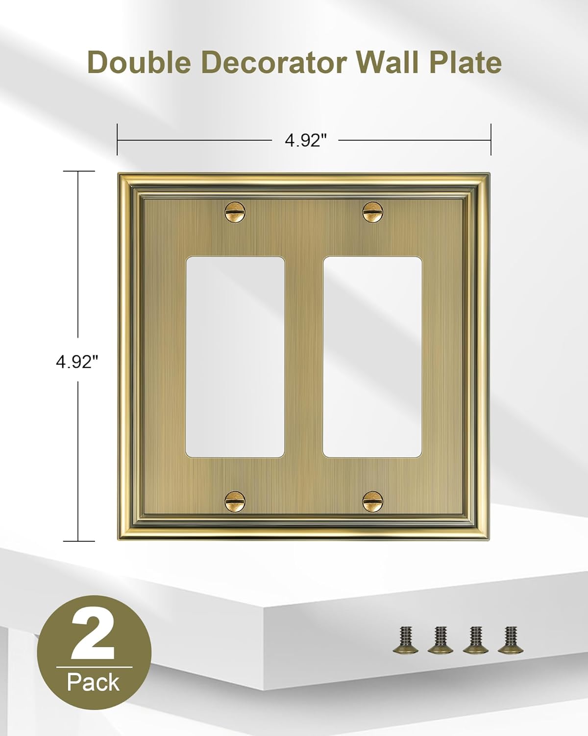 2-Pack Decorative Double Decorator Outlet Cover Plate, Durable Zinc Alloy Antique Brass Wall Plates for Electrical Outlets, Receptacle, GFCI Outlet, Dimmer Switch, 2-Gang, Corrosion Resistant