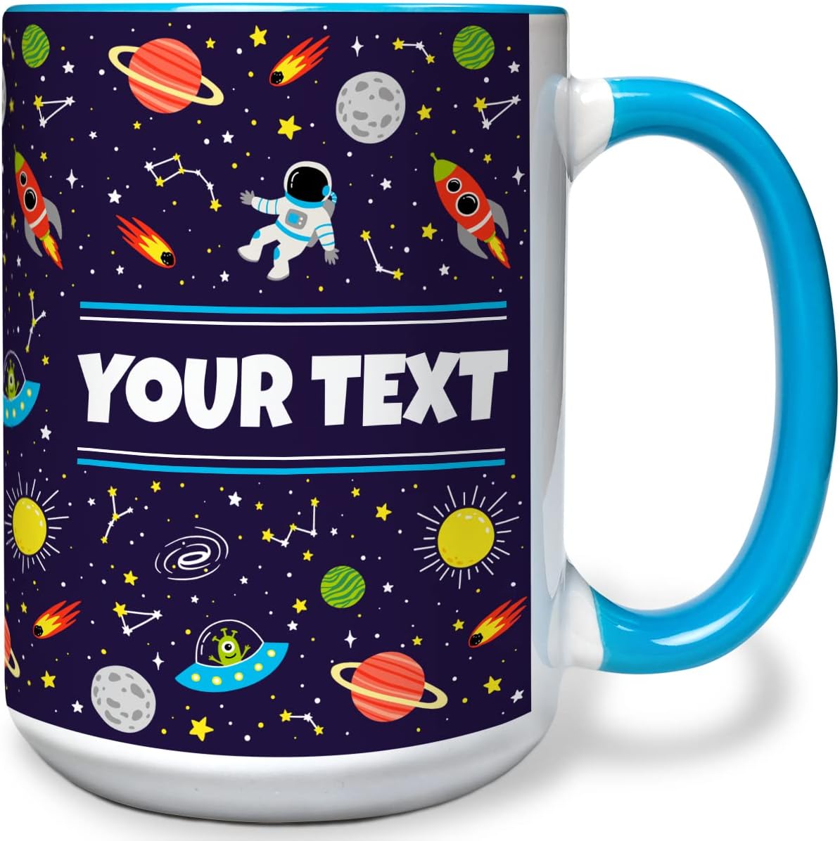 Personalized Mug for Kids - Outer Space - Custom Name/Text, Ceramic Hot Chocolate/Cocoa/Coffee Cup for Boys/Girls, Birthday/Christmas/Holiday Gift - 15 oz, Light Blue Handle