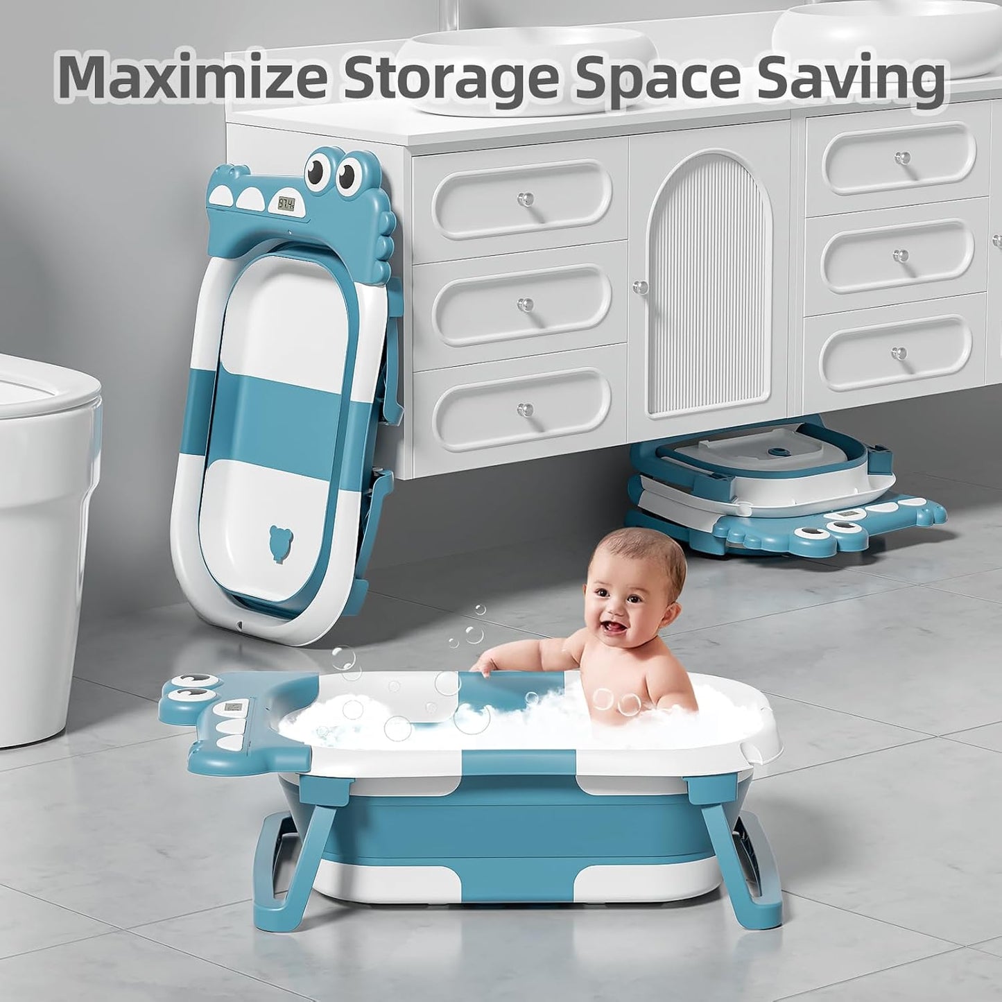 MoreFeel Collapsible Baby Bathtub for Newborn with Thermometer & 1 Hooded Towel & 1 Soft Floating Cushion,Portable Travel Bathtub with Drain Hole, Durable Foldable Baby Tubs for Infants to Toddler