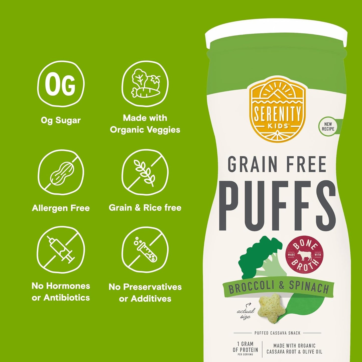 Serenity Kids 6+ Months Grain Free Puffs Toddler & Baby Snack | No Added Sugar, Gluten & Rice Free, Allergen Free | Made with Organic Cassava, Veggies, and Herbs | Broccoli & Spinach | 1 Count
