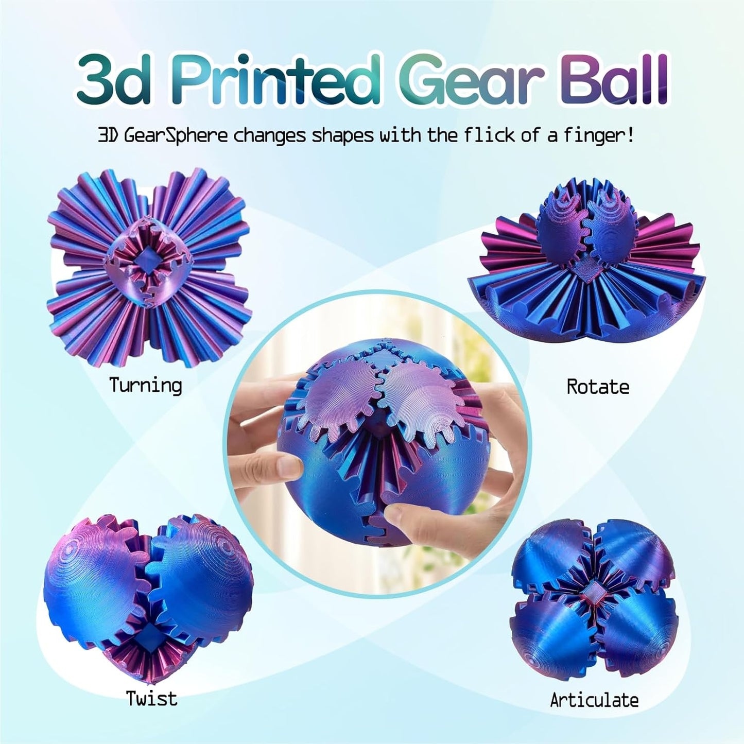 Gear Ball - GearSphere Fidget Toy, 3D Printed Gear Ball Spin Ball Cube Desk Toy, 2024 Gear Sphere Cube Puzzlefor Adults Kids, Stress and Anxiety Relaxing Fidget Toy (Laser Purple)