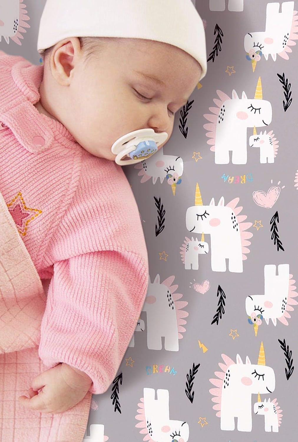 Stretchy Ultra Soft Jersey Knit Fitted Pack n Play Playard Sheets Set 2 Pack, Fits Portable/Mini Cribs Sheets, Playards Mattress Pads, Pink Simple Triangle/Dream Unicorn for Girls