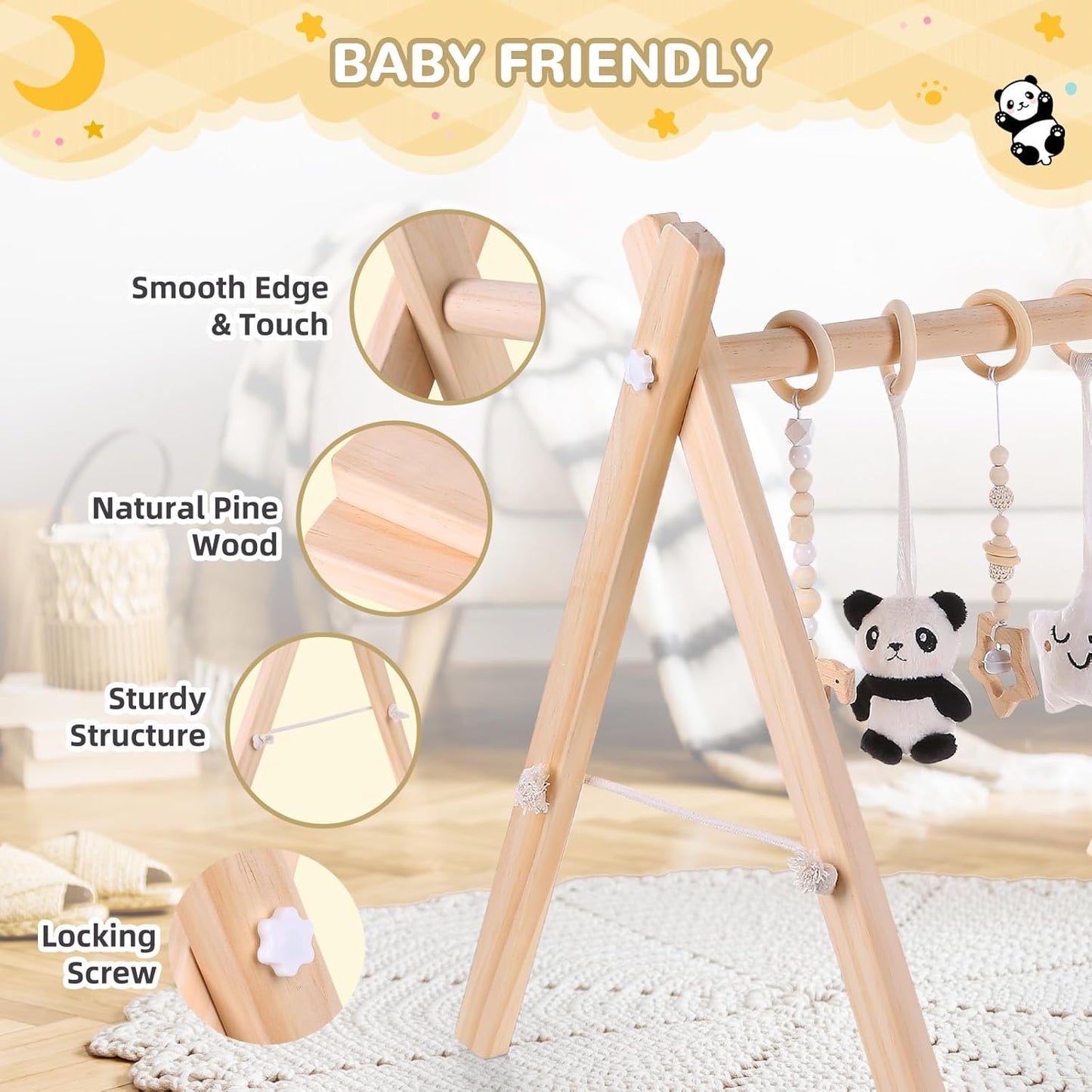 Baby Play Gym with Mat – Wooden Montessori Gym for Newborns 0-12M,Natural Pine Wood with 6 Sensory Toys,Foldable & Portable (Koala)