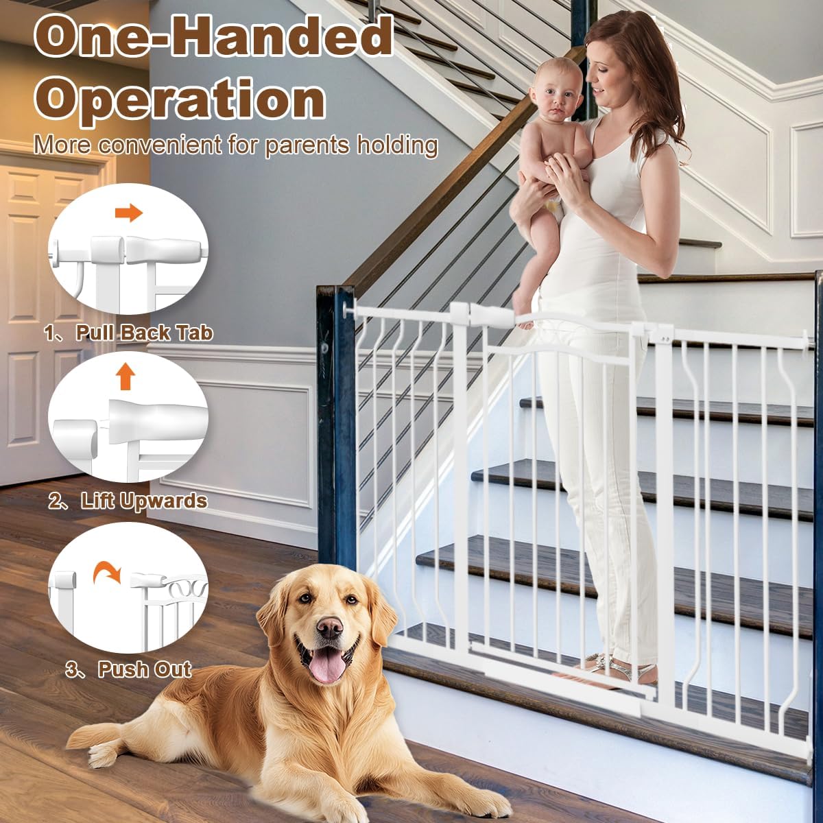 53.1-62.2" Extra Wide Baby Gate for Doorways No Drill, 30" Tall Auto Close Press Mounted Baby Safe Gate for Stairs, Walk Through Dog Gates for Doorways, White