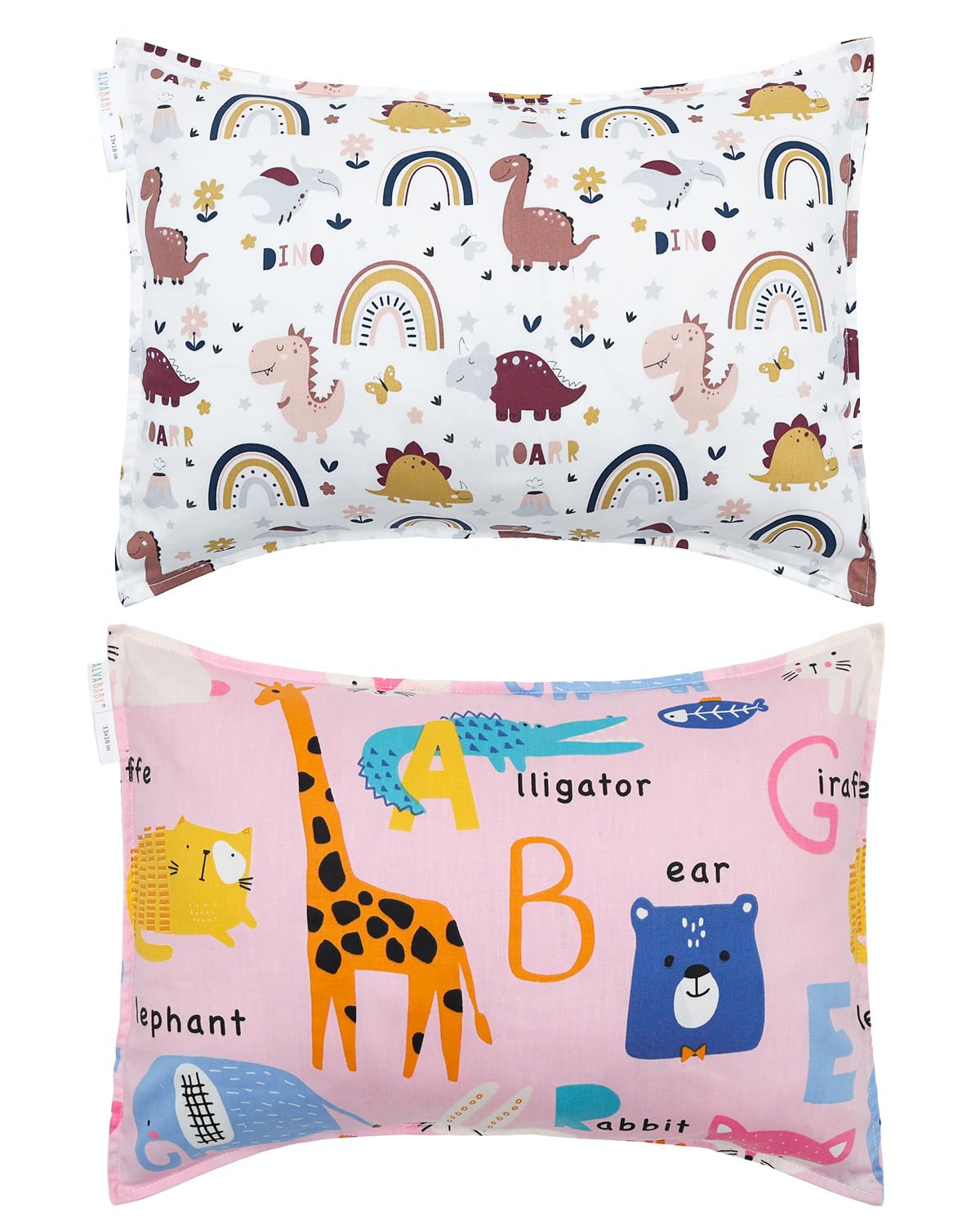 ALVABABY Toddler Pillowcases 2 Pack Organic Cotton Kids Pillow Cover Fit 13"x 18" or 12"x24" Envelope for Girl Boy Sleepy Travel Pink Animals&Dinosaur