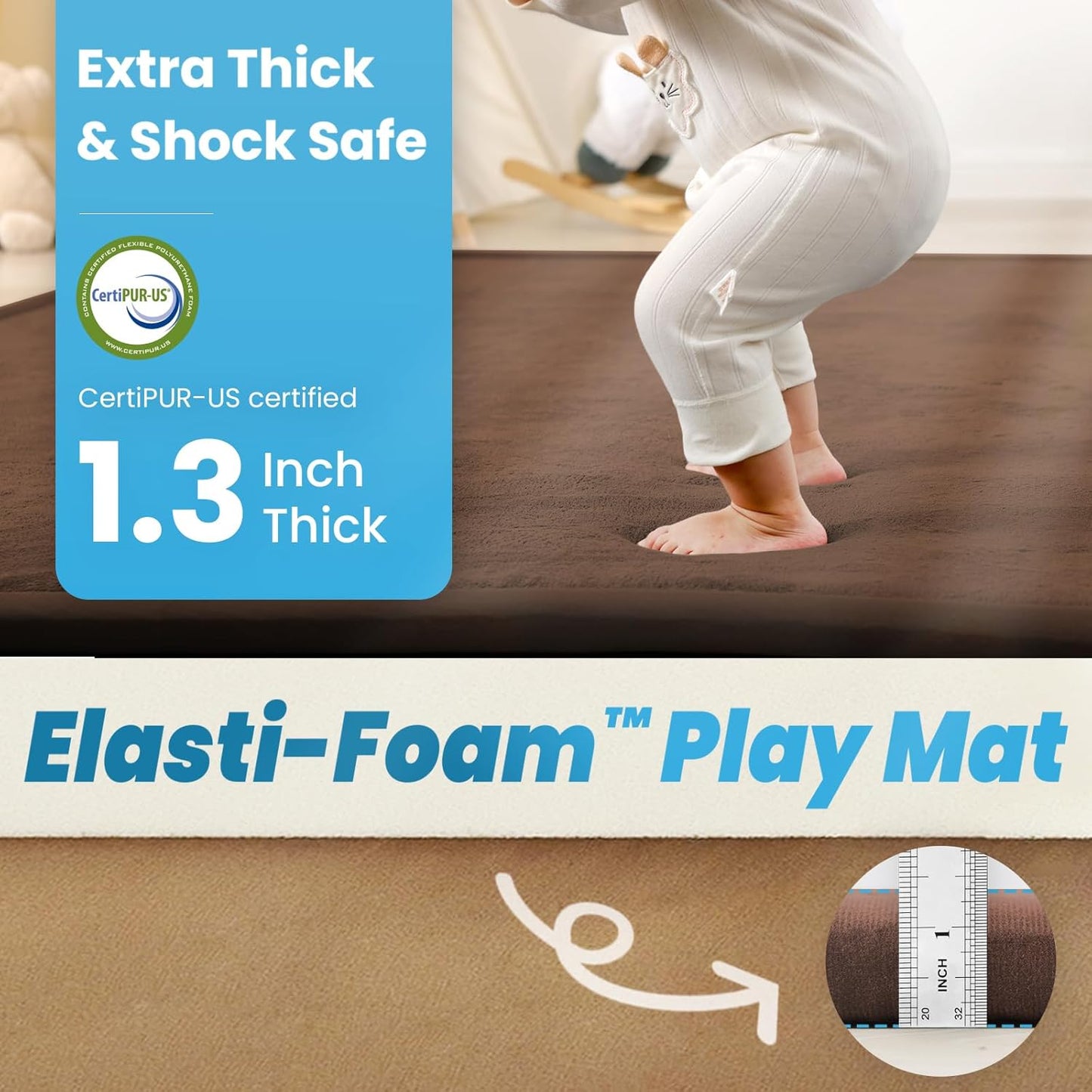 Ultra Soft Baby Play Mat,1.3" Thick Elasti-Foam Tummy Time Mat for Infants,Toddlers,Kids,Water-Repellent Coral Fleece Nursery Rug,Non-Slip Safe for Crawling&Hardwood Floors(Chocolate Brown)