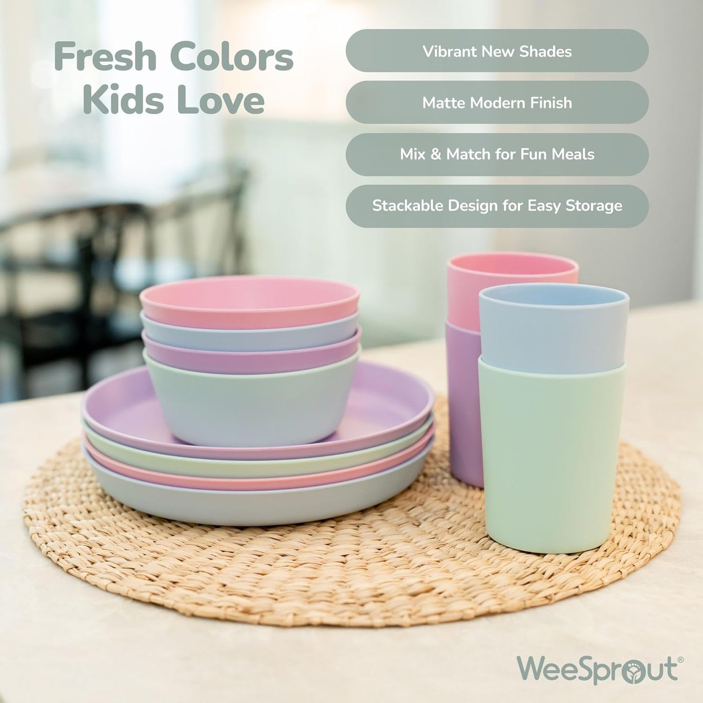 WeeSprout Bamboo Kids Bowls with Lids, Set of Four 10 oz Kid-Sized Dinnerware, Cereal, Leftovers & Snack Bowl, Dishwasher Safe (Pink, Green, Gray, & Beige)
