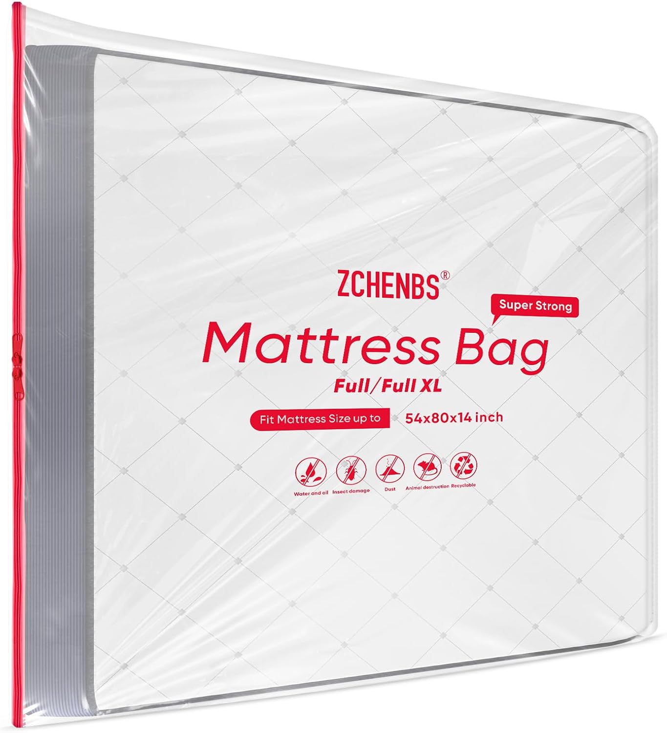 ZCHENBS® – Mattress Bags for Moving and Storage,Mattress Bag with Zippers,5 Mil Ultra-Thick Bed Bag,Waterproof,Anti-Tear,Heavy-Duty Mattress bag (Transaparent/Red, Full/Full XL-(1 Pack))