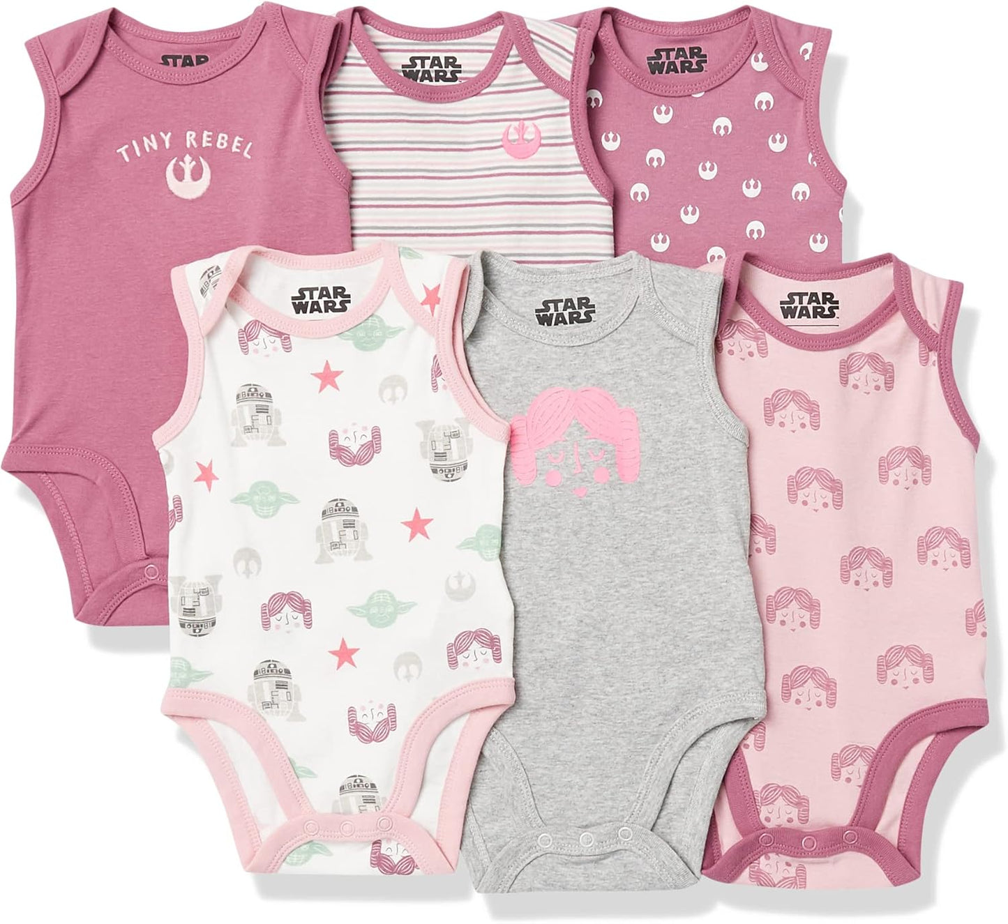 Amazon Essentials Disney | Star Wars | Princess Baby Girls' Sleeveless Bodysuits, Pack of 6