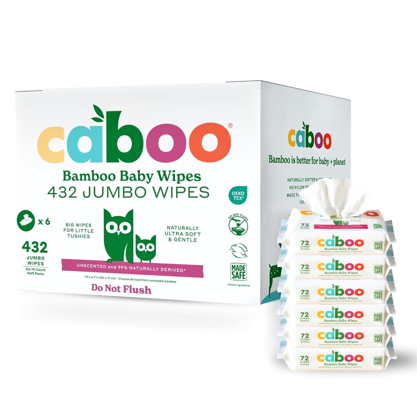 Caboo Baby Wipes, Made with Bamboo Viscose, Certified Made Safe Ingredients, Unscented Baby Wipes Good for Sensitive Skin, 72 Wipes Per Travel Pack, Total of 432 Wet Wipes