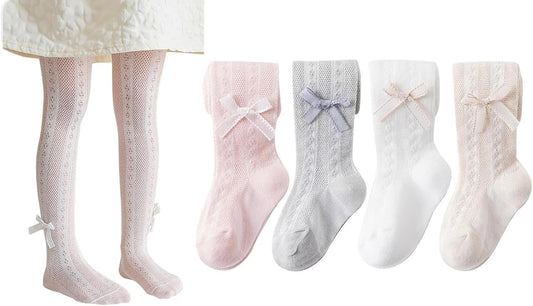 CHUNG Baby Girls Cotton Tights Thin Hollowed Summer with Bowknot Mesh Lace Fashion Toddler Footed Legging Pantyhose