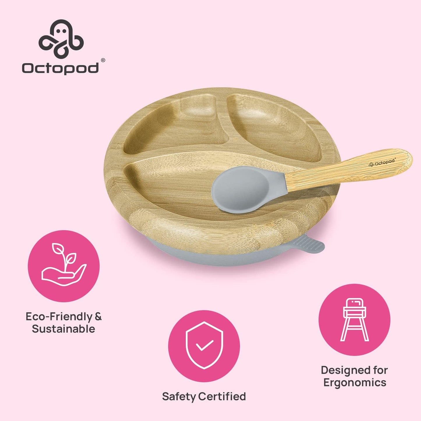 Abiie Octopod Bamboo Dish - Kids Plates for 4 months and up, 3-Compartment Baby Plates with Suction, Round Bamboo Baby Plate, Mess-Free Toddler Suction Plates, Baby Feeding Supplies, 7.5 x 7.5 x 1.9in