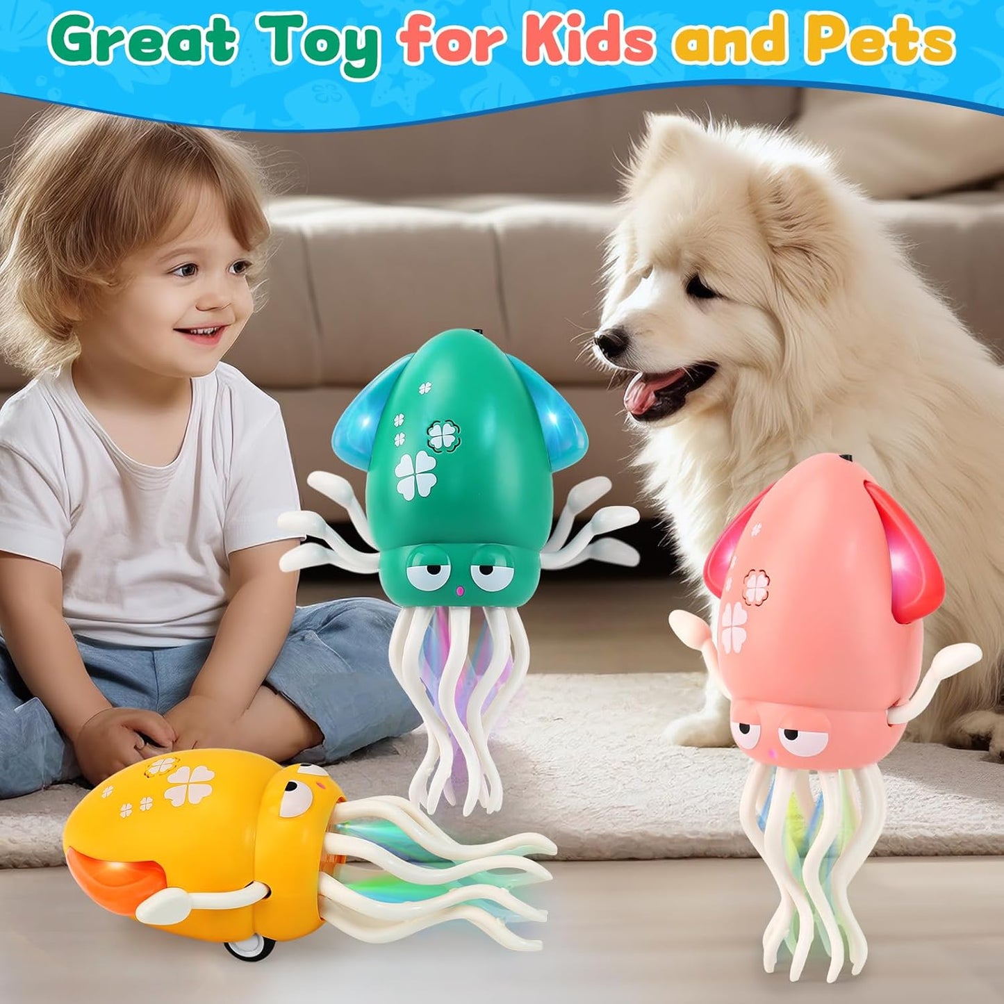 USB Rechargeable Dancing Octopus Baby Toy - Electric Crawling & Tummy Time Toy, Magical Musical Squid, Stress-Relief Desk Decor - Birthday for Kids Ages 1 2 3 4 5 6, Boys (Green)