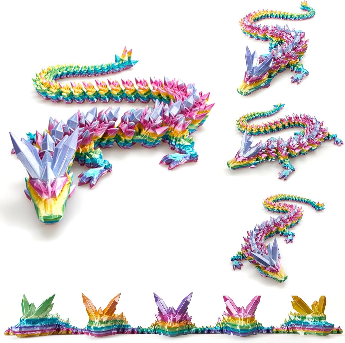 3D Printed Dragon, 24 Inch Crystal Dragon, Bigger Fidget Toys Adults, 3D Printed Articulated Dragon for Home Office Car Desk Decor Toys, Dragon Eggs Gift Given on Birthday (Rainbow)