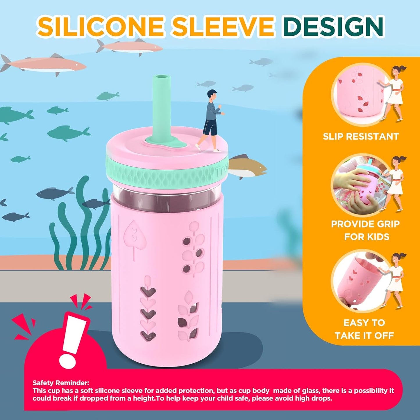Tronco 12 oz Glass Sippy Cup for Kids & Toddlers | Mason Jar Smoothie Cups with Spill-Proof Silicone Straws, Non-Slip Silicone Sleeves & Lids, BPA-Free Snack Cups, Dishwasher Safe